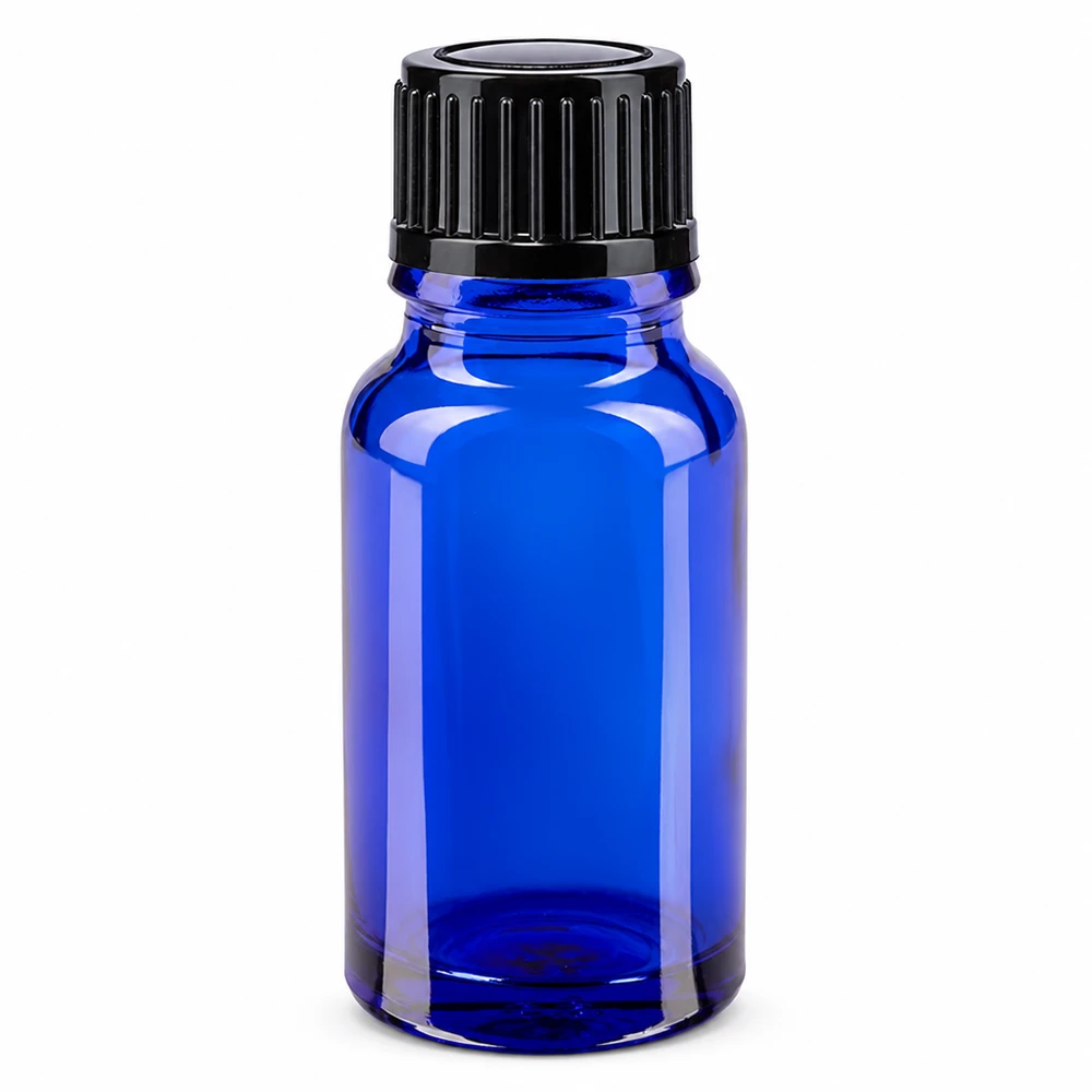 Zylindrische 10ml Apothekerflasche blau Glas mit schwarzem Verschluss für Tropfen
