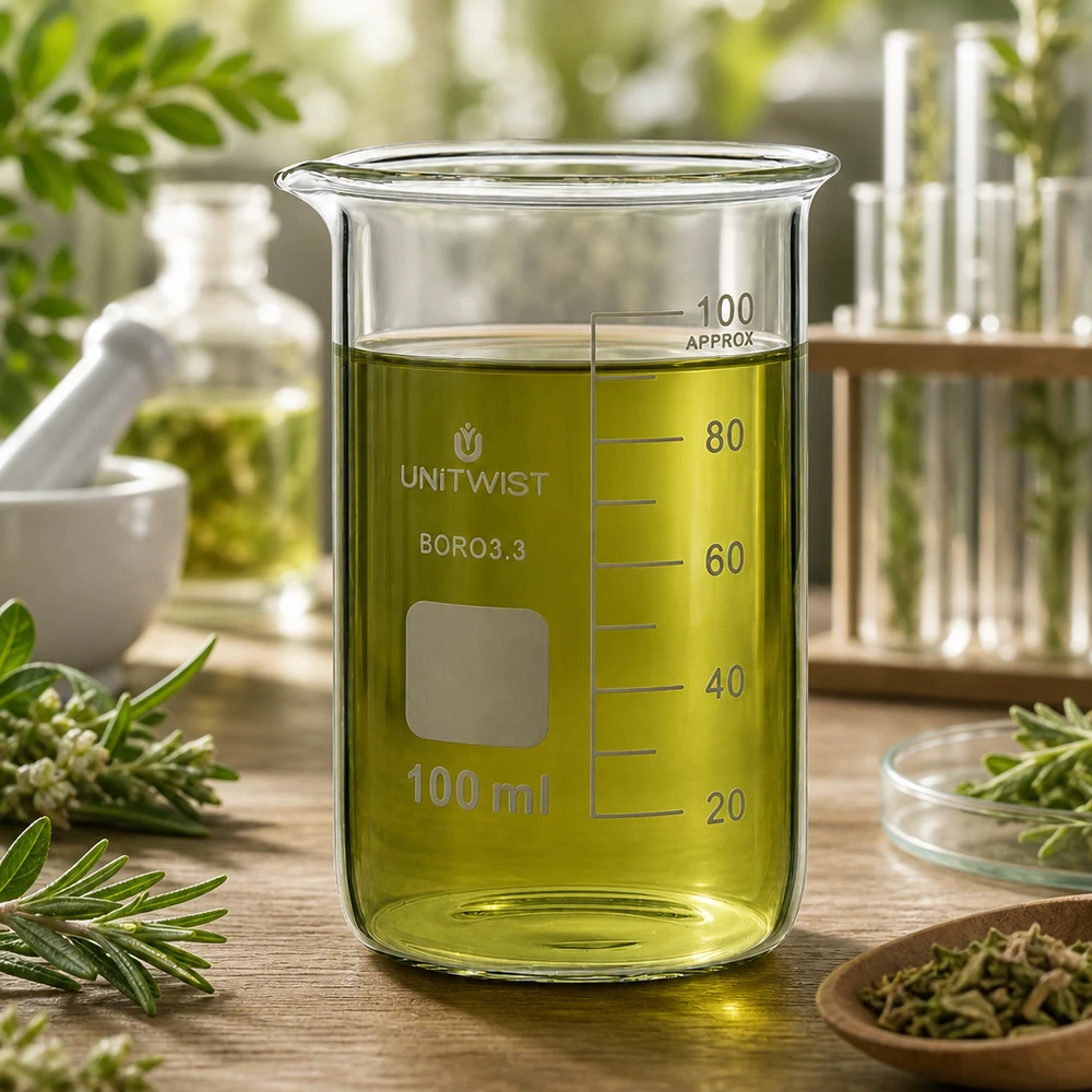 Kádinka 100ml borosilikátová, vysoký tvar UNiTWIST Becherglas 100ml UNITWIST Boro3.3 hohe Form mit olivgelbem Pflanzenöl auf Holzoberfläche im Kräuterlabor