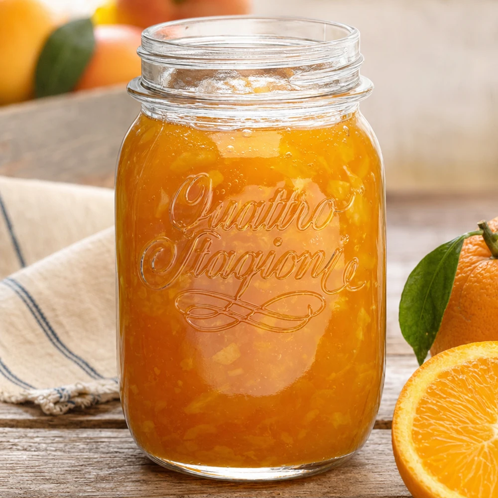 500ml kulatá sklenice "Quattro Stagioni" QS70mm 500ml Quattro Stagioni Haushaltsglas mit Orangenmarmelade gefüllt neben frischen Orangen auf Holztisch