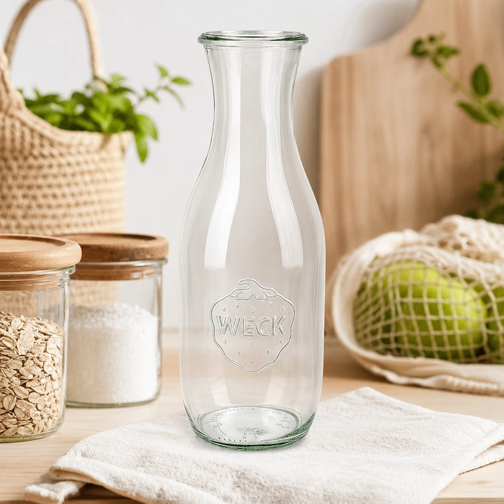 WECK Saftflasche 1062ml RR60 auf weißem Tuch in nachhaltiger Küche mit Vorratsgläsern und Bio-Gemüse