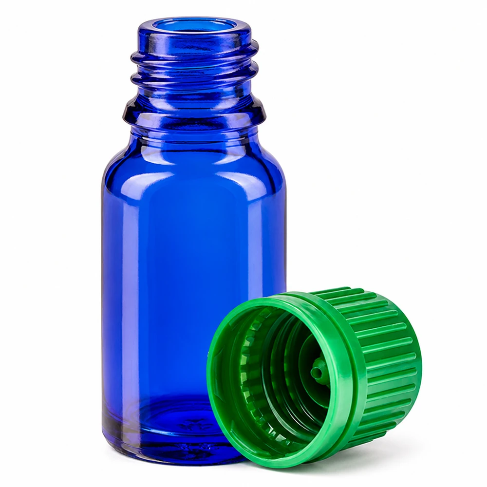 10ml lahvička 11mm šroubovací uzávěr zelená BlueLine UT18/10. Elegante kleine blaue Glasflasche 10ml mit leuchtend grünem Deckel für DIY Kosmetikprodukte