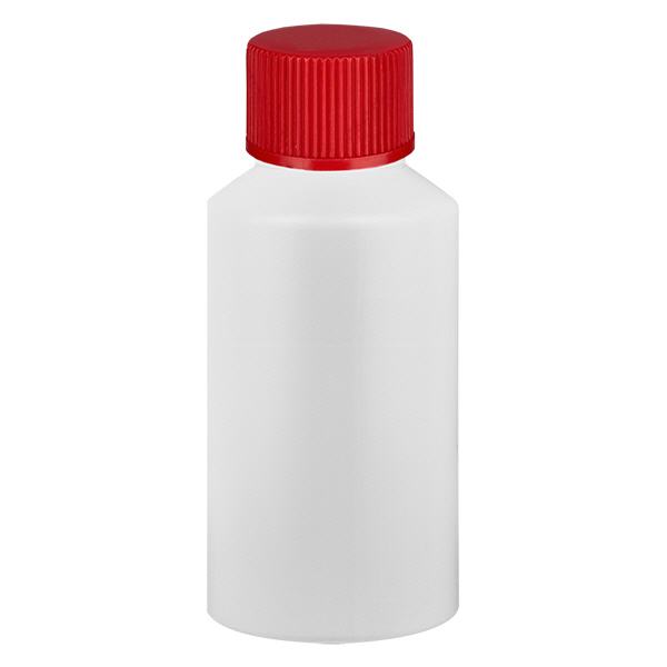 Lékárenská láhev HDPE 50ml bílá, s červeným šroubovacím uzávěrem Lékárenská láhev HDPE 50ml bílá, s červeným šroubovacím uzávěrem
