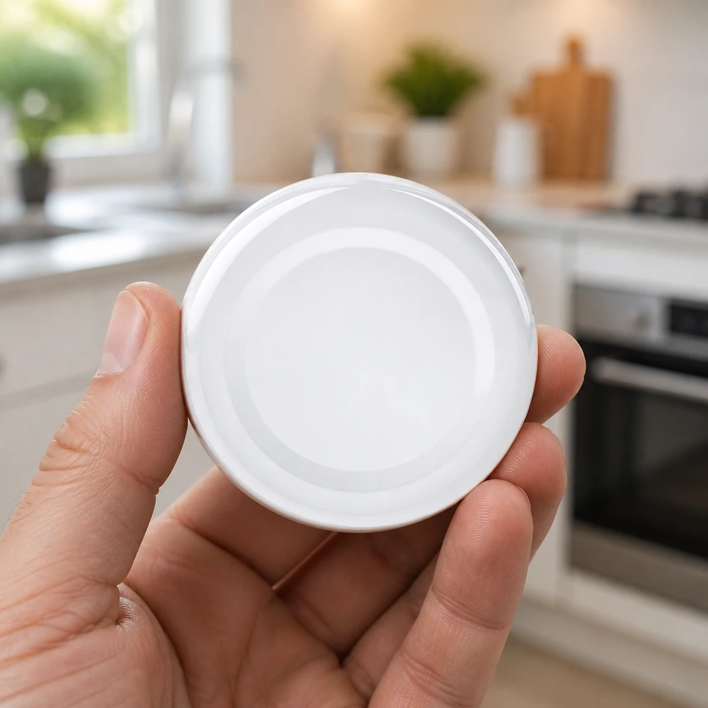 Bílé šroubovací víčko TO43, 43 mm, BasicSeal UniTwist, v ruce