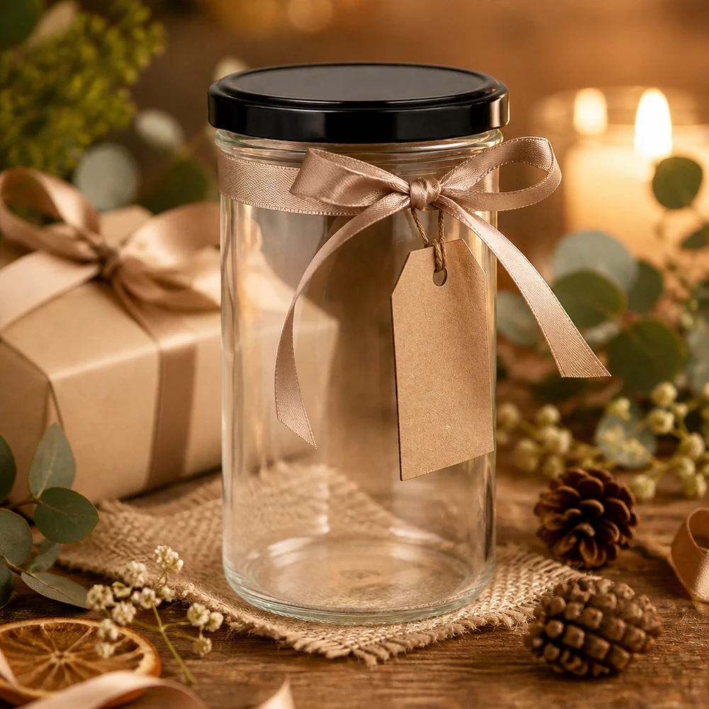 277ml Sturzglas als Geschenkverpackung mit brauner Schleife und Anhänger Weihnachtsdeko Geschenkglas leer