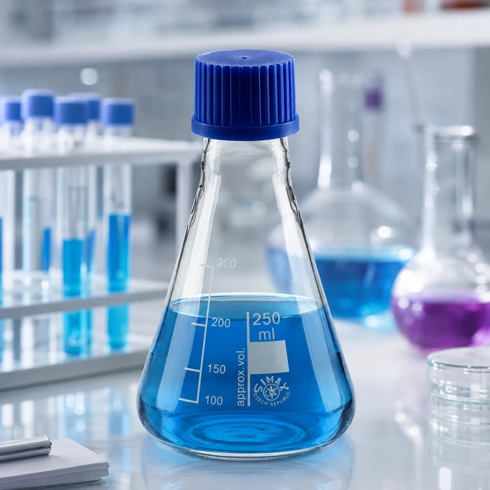Erlenmeyerova baňka 250ml se šroubovacím uzávěrem Borosilikat-Erlenmeyerkolben 250ml mit blauem Deckel - hitzebeständiges Laborglas