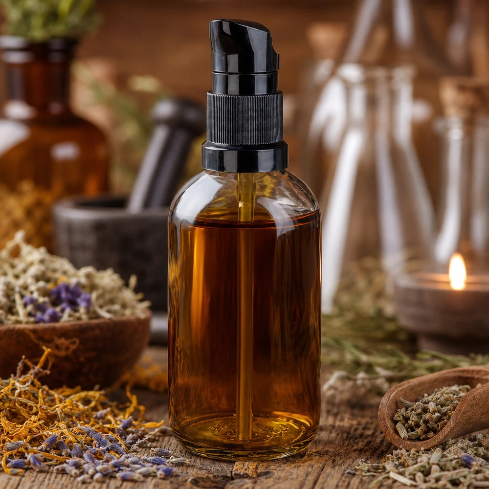 100ml láhev s pumpičkou černá standardní uzávěr ClearLine UT18/100 STD Pumpflasche 100ml Borosilikatglas schwarzer Dosierkopf Lavendel Ringelblume Rosmarin