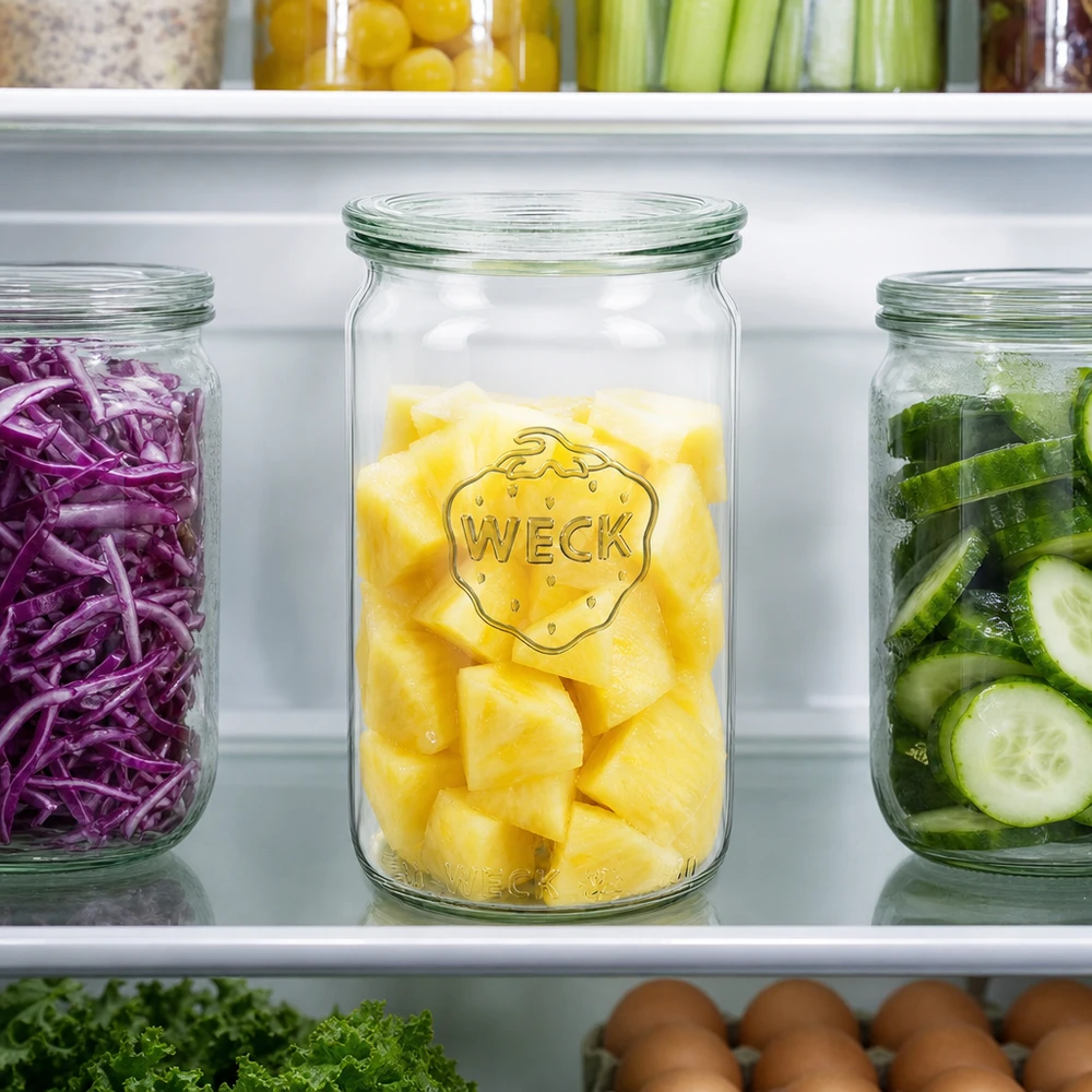 340ml cylindrická dóza se skleněným víčkem WECK RR60 WECK 340ml Zylinderglas RR60 im Kühlschrank mit Ananas gefüllt neben Rotkohl und Gurken für Meal Prep Organisation