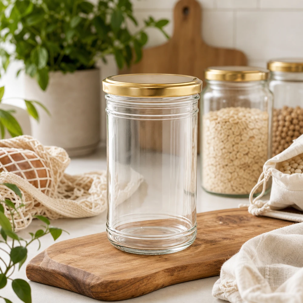Leeres 1053ml Sturzglas mit goldenem Deckel auf Holzbrett in nachhaltiger Zero-Waste Küche mit Vorratsgläsern