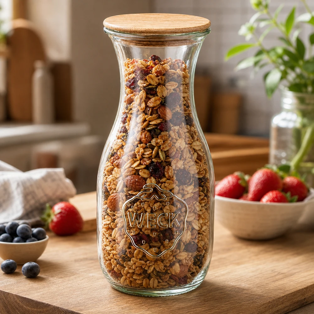 WECK Saftflasche 530ml RR60 gefüllt mit Müsli und Nüssen als Vorratsglas mit Holzdeckel auf Holzbrett