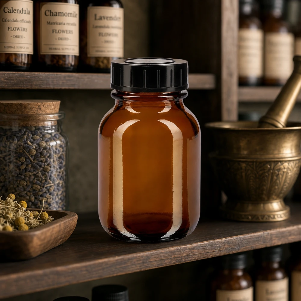 50ml láhev s širokým hrdlem z jantarového skla se šroubovacím uzávěrem. Traditionelle 50ml Weithalsflasche aus braunem Glas mit modernem Schraubverschluss Design