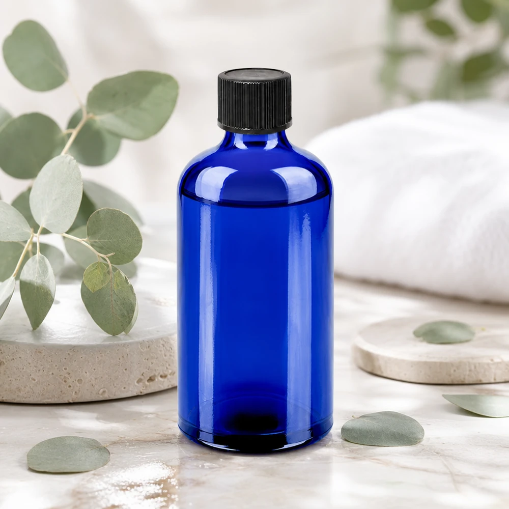 Stilvolle blaue Flasche 100ml mit schwarzem Tropfer perfekt für Serum und Pflegeöle
