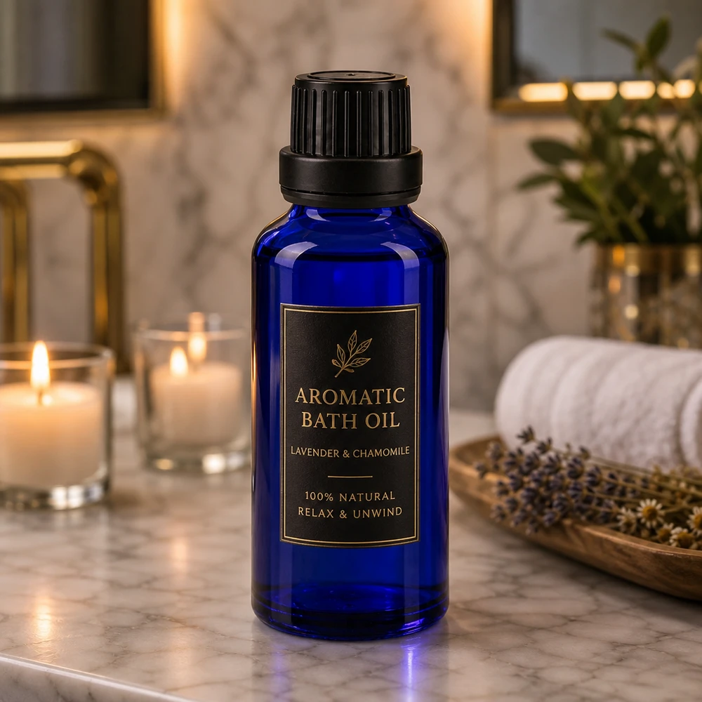 Blaue 30ml Glasflasche mit schwarzem Originalverschluss als Verpackung für Naturkosmetik Badöle