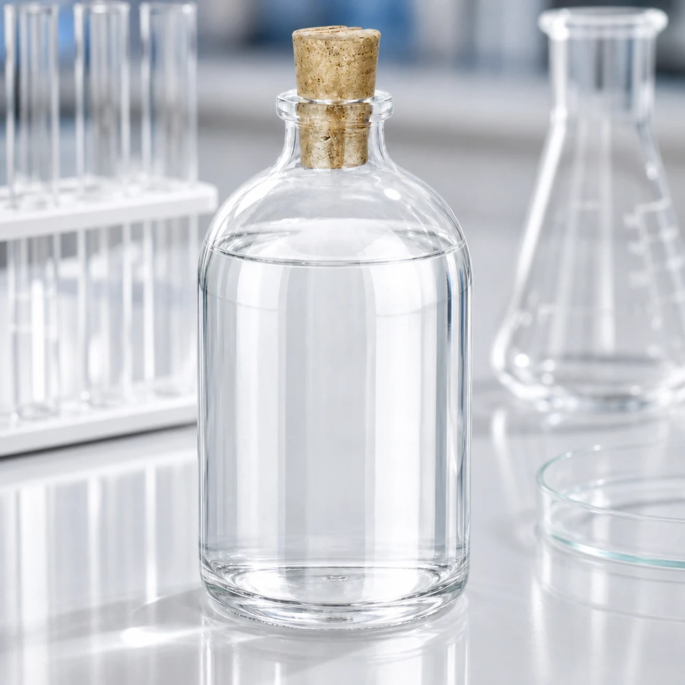 Lahvička z čirého skla 100ml se zátkou 11/14mm Miniaturflasche Klarglas 100ml mit konischem Korken auf Labortisch