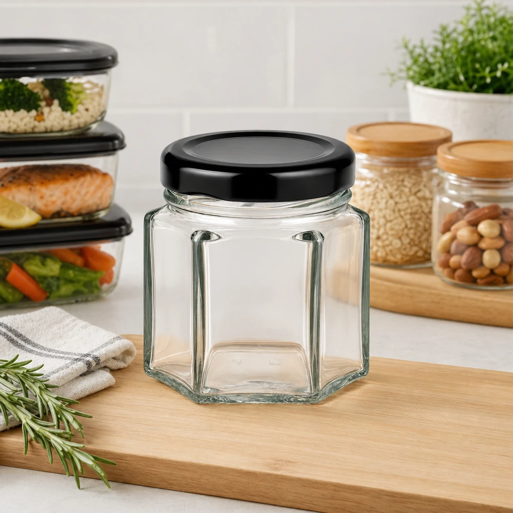 47ml šestihranná sklenice s víčkem BasicSeal černá UNiTWIST. 47ml Hexaglas leer mit schwarzem BasicSeal Deckel in moderner Küche neben Vorratsgläsern und Meal-Prep-Boxen