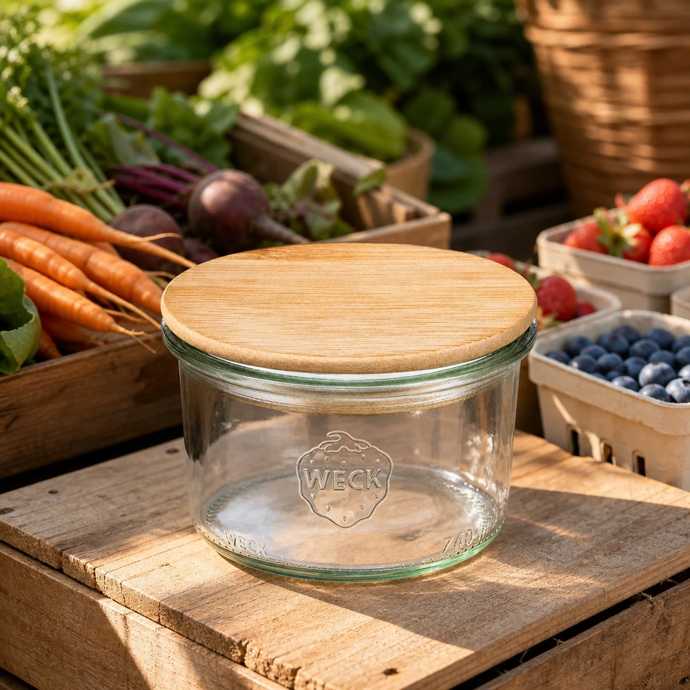 200ml WECK Sturzglas RR80 mit Holzdeckel in rustikaler Marktszene umgeben von frischen Gemüse und Früchten