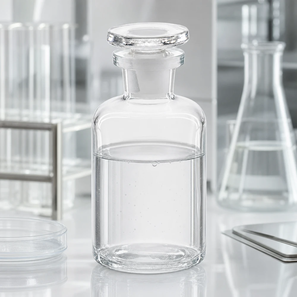 Kulatá lahvička s raménkem 50 ml čirá skleněná zátka s úzkým hrdlem Chemikalienflasche 50ml Rundschulter klar Enghals mit eingeschliffenem Glasstopfen