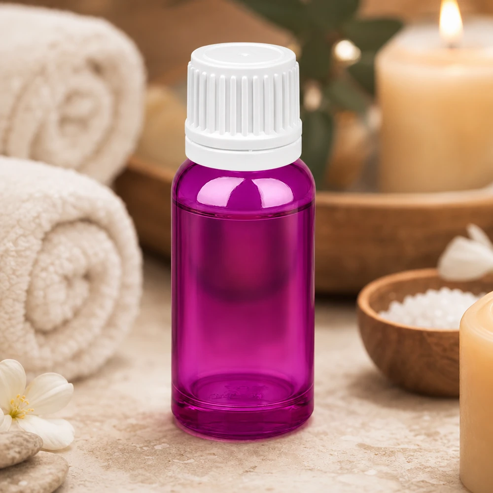 20ml láhev se šroubovacím uzávěrem 11 mm bílá Originality šroubovací uzávěr PurpleLine UT18/20 Robuste 20ml Violettglasflasche mit UT18/20 Standard für wiederverwendbare nachhaltige Verpackung
