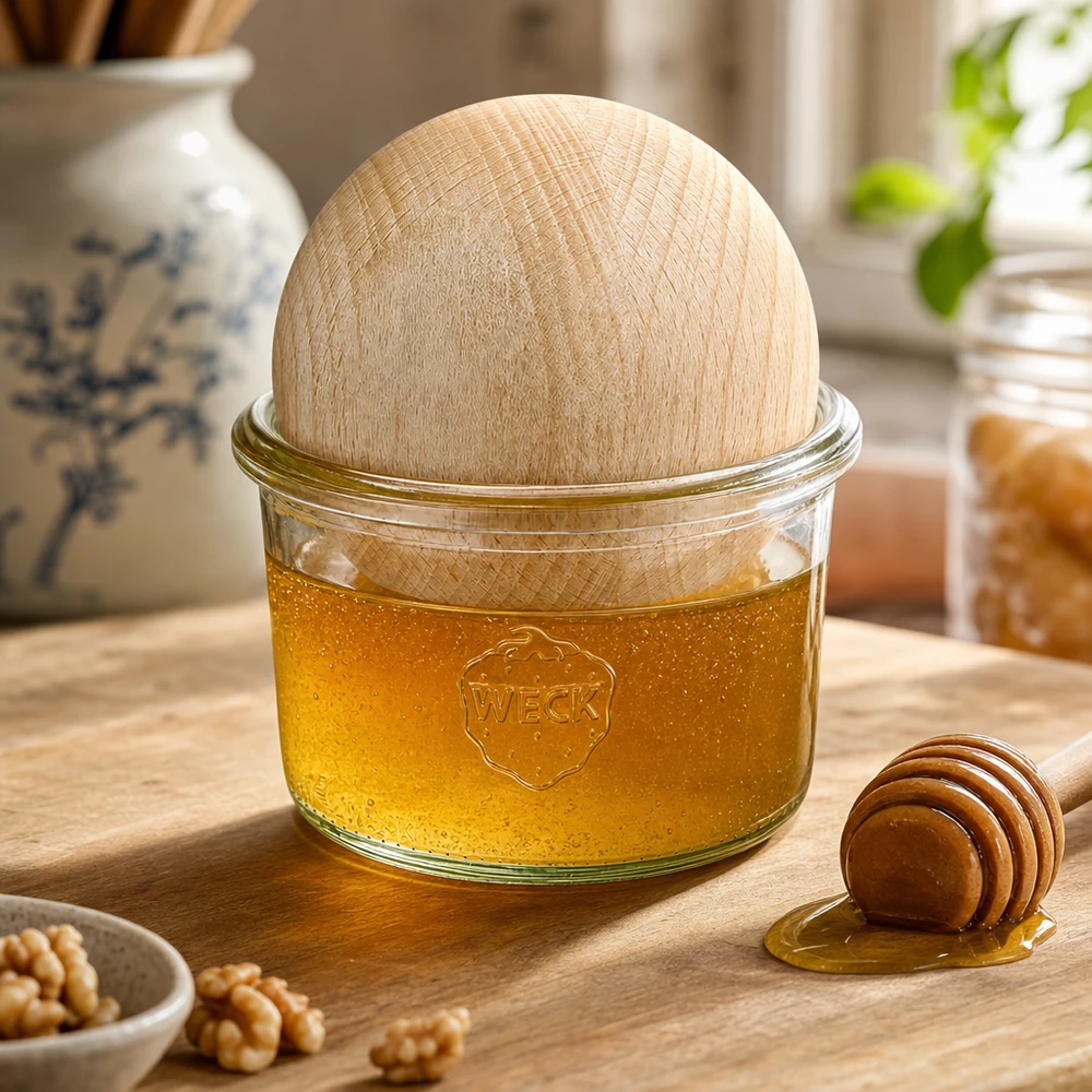 WECK Sturzglas 200ml mit Buchenkugel gefüllt mit Honig, Honiglöffel und Walnüsse auf Holztisch in warmer Küche