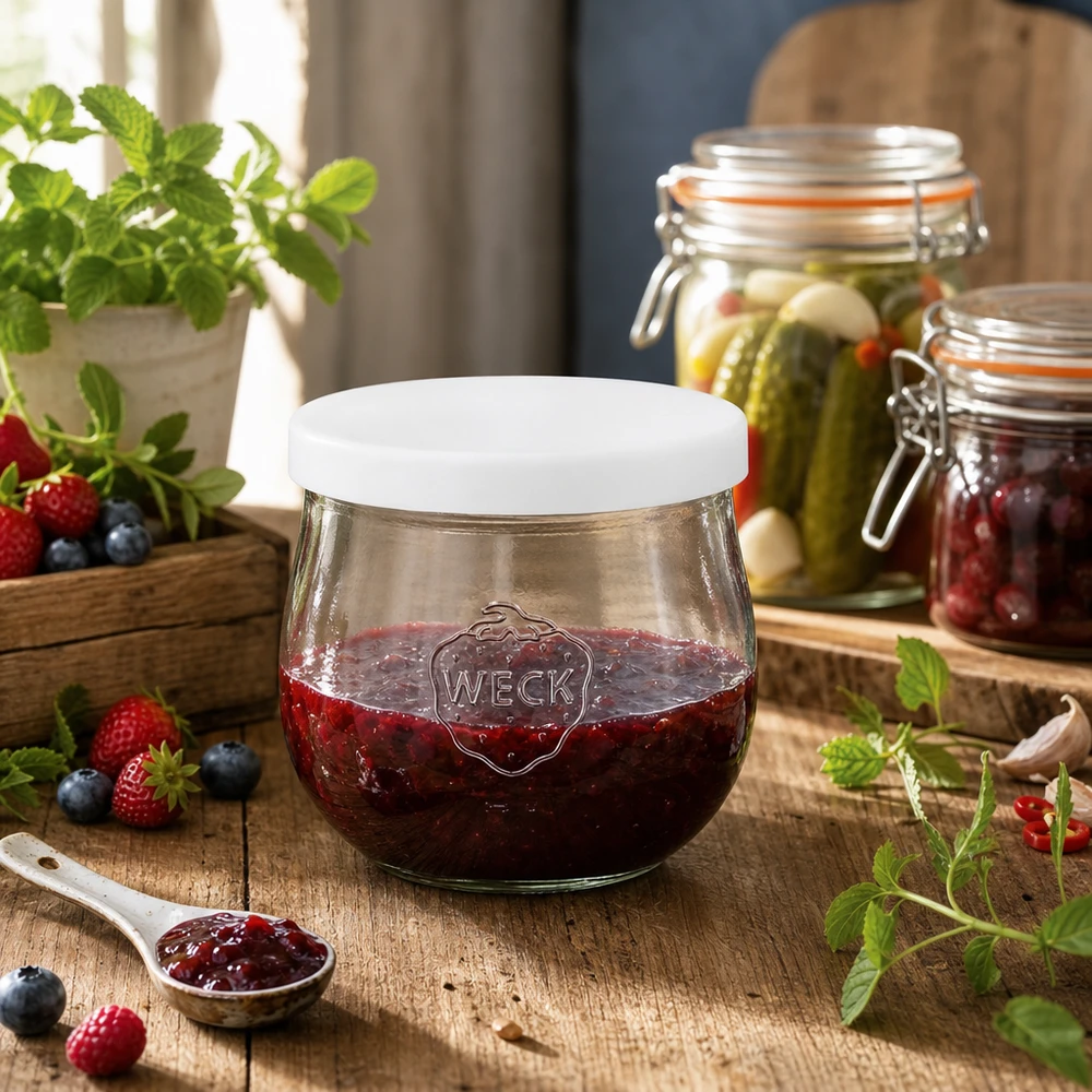WECK Tulpenglas 370ml mit Beerenkonfitüre befüllt Silikondeckel weiß Einkochen Marmelade Vorratsglas Küche
