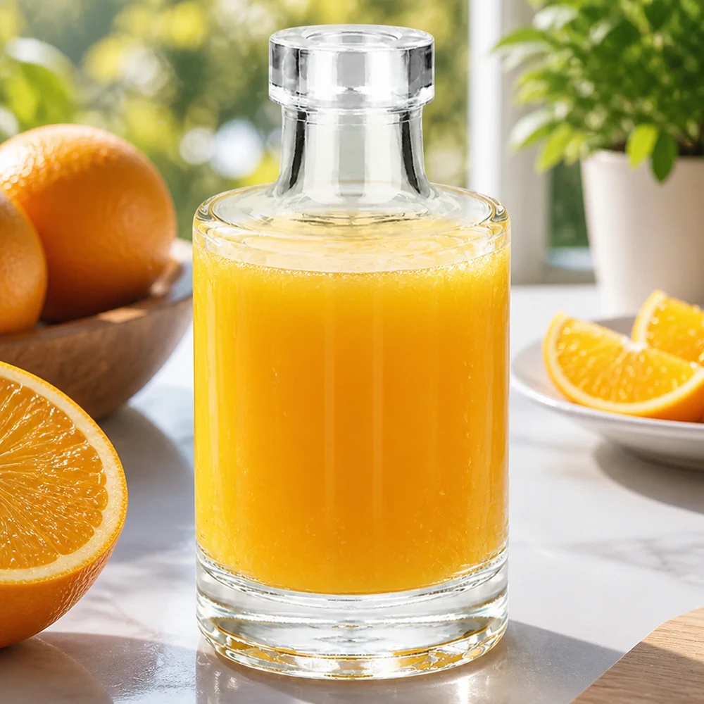100ml Glasflasche Marie mit Orangensaft gefüllt umgeben von frischen Orangen und Orangenscheiben auf Marmortisch