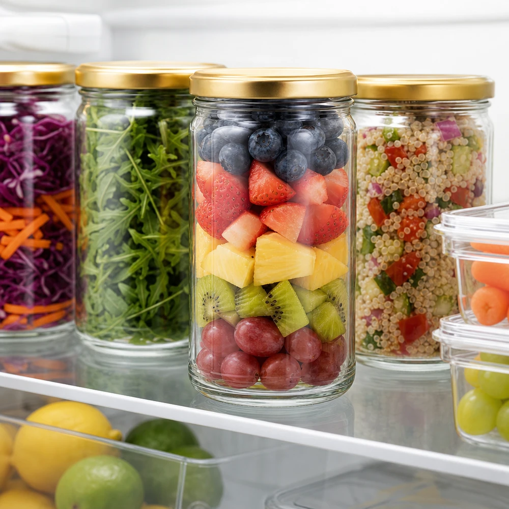 1053ml Sturzglas mit goldenem Deckel gefüllt mit Obst im Kühlschrank für Meal Prep und Lebensmittelaufbewahrung