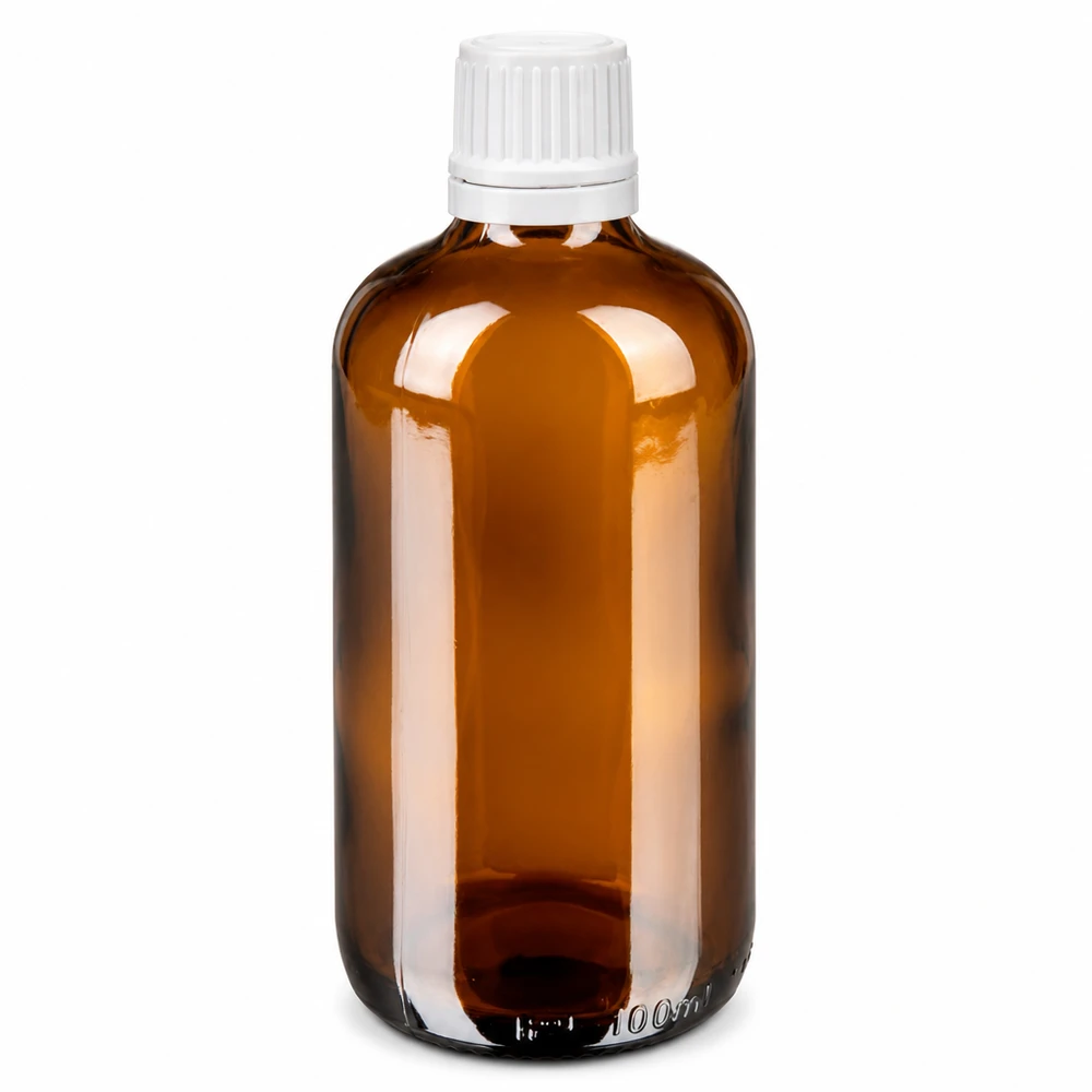 Lékárenská láhev hnědá 100ml kapací uzávěr 1,2mm bílý uzávěr odolný proti manipulaci. Zylindrische 100ml Braunglas Flasche mit weißem OV Verschluss und Tropföffnung 0,7mm