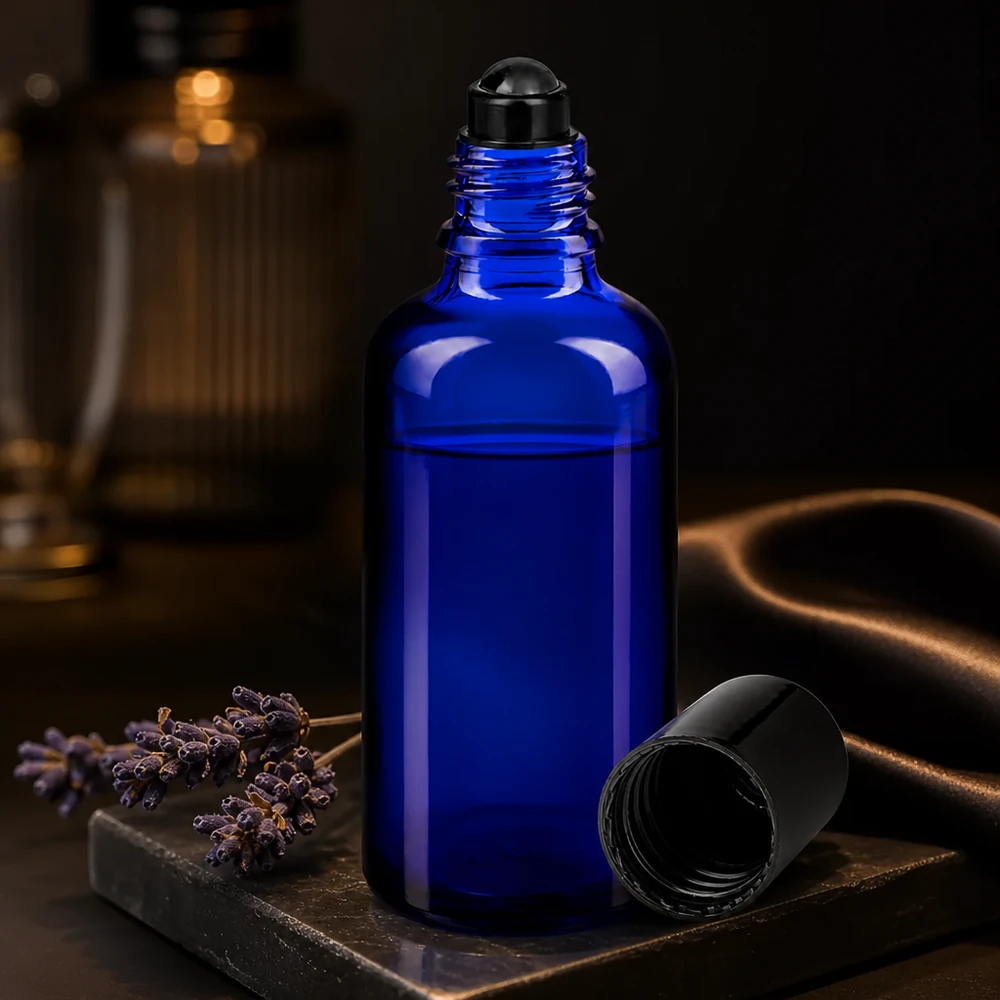 Leere 50ml Roll-On Flasche blau mit schwarzem Applikator zur Eigenabfüllung von Duftstoffen