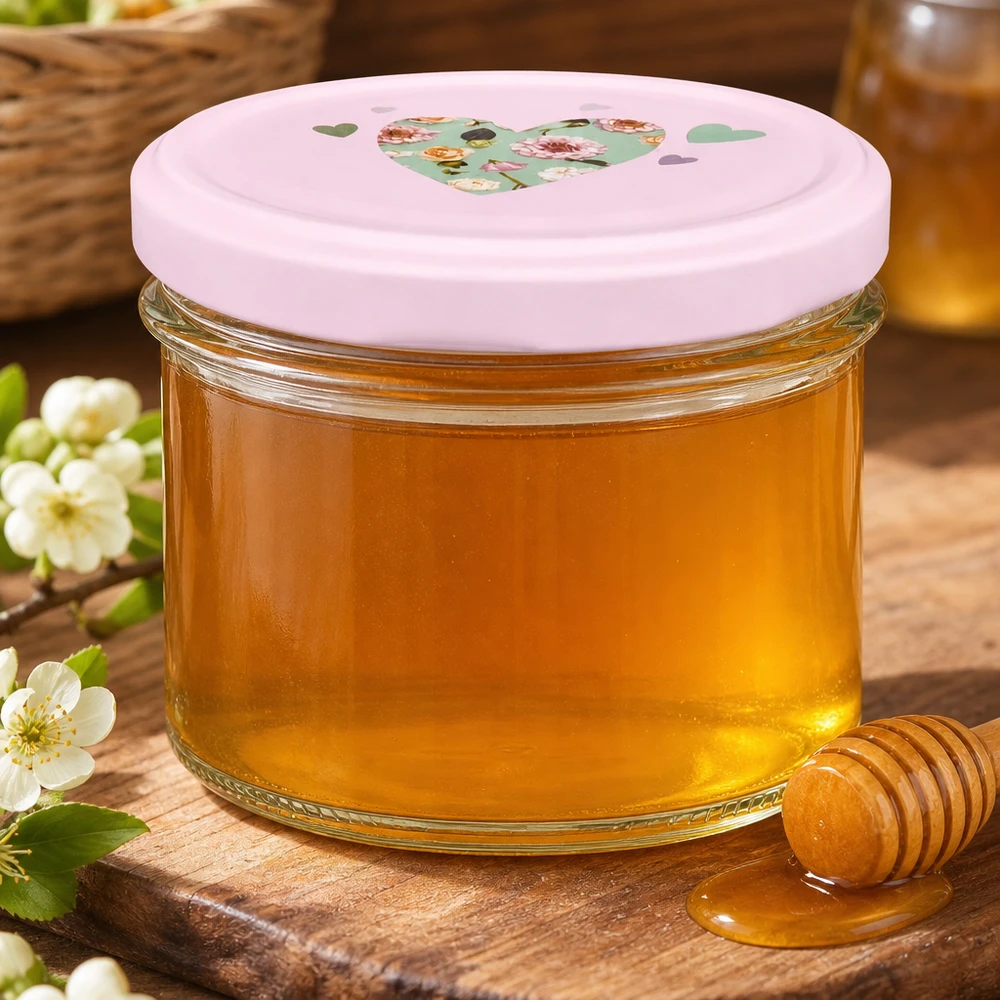 225ml kelímky + víčko BasicSeal srdíčko růžové UNiTWIST Goldener Honig im 225ml Sturzglas mit rosa BasicSeal Herzdeckel auf Holzbrett mit Honiglöffel und Blüten