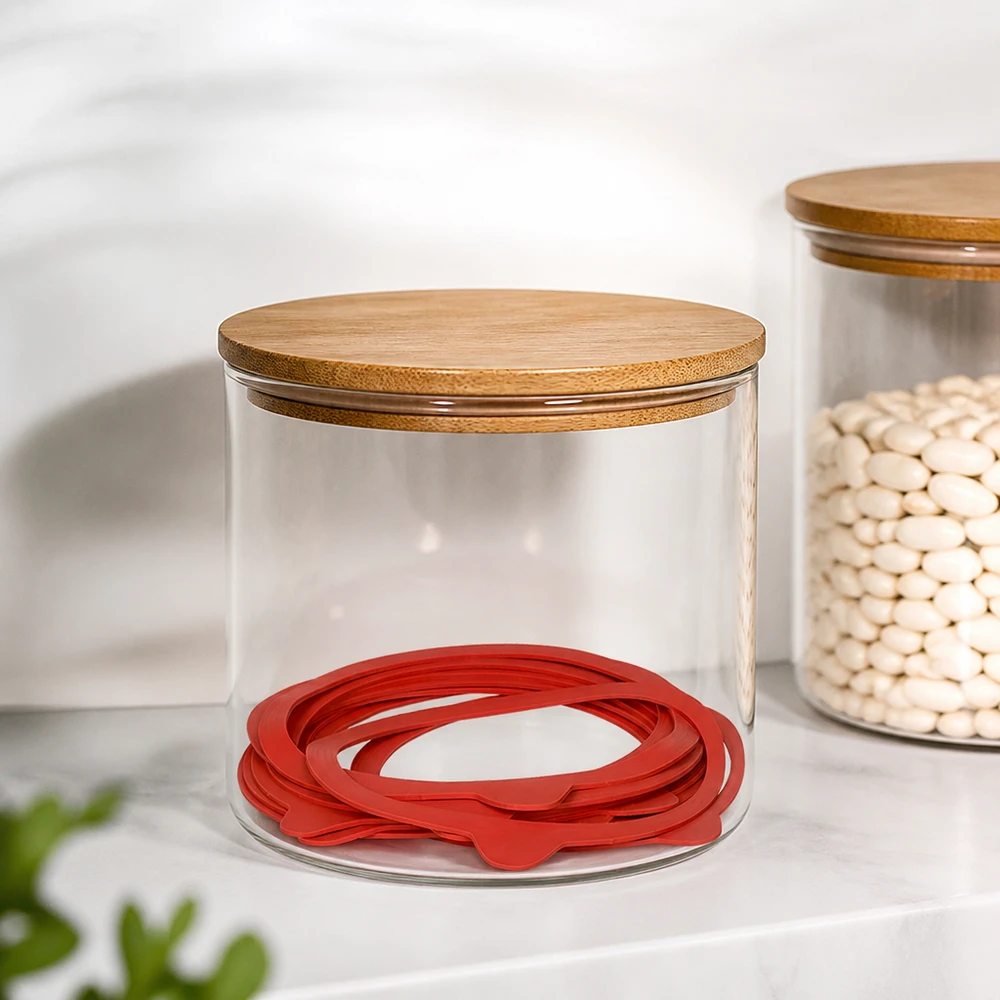 Zavařovací kroužek z přírodního kaučuku RR120 Rote Einkochringe RR120 aus Naturgummi in transparentem Vorratsglas mit Bambusdeckel in moderner Küche