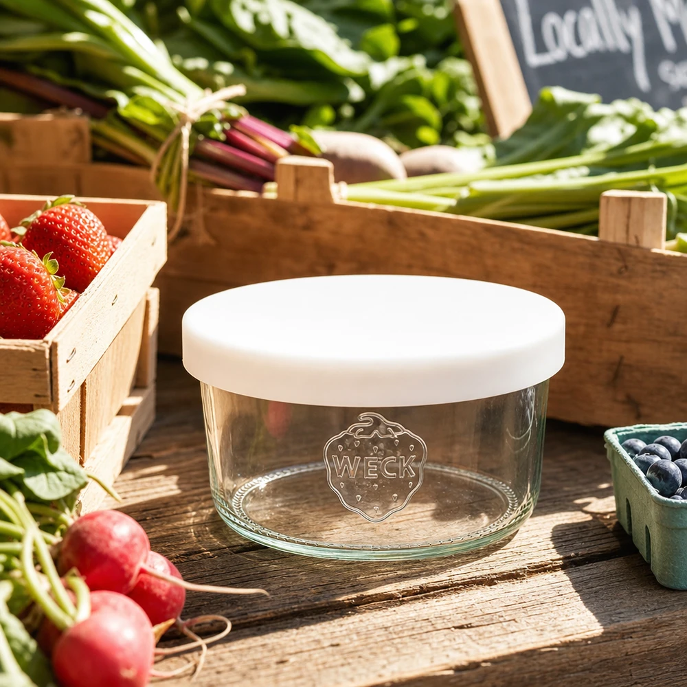 WECK Sturzglas 165ml RR80 transparent mit weißem Silikondeckel auf Holztisch zwischen frischem Marktgemüse und Obst
