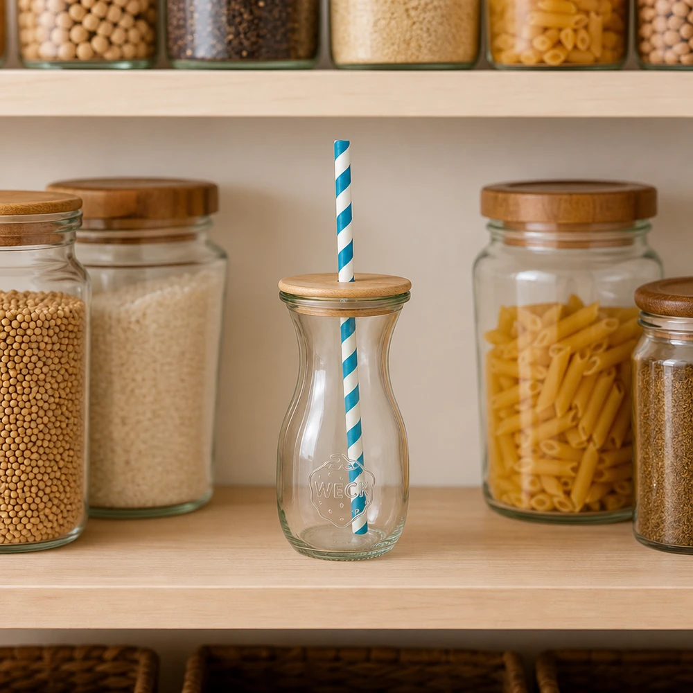6 x 290ml láhev na šťávu WECK RR60 s dřevěným víčkem a 100 eco S WECK Glasflasche 290ml mit Holzdeckel türkis-weißer Öko-Strohhalm in organisierter Vorratsküche mit Gläsern