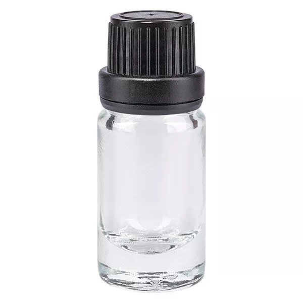 Lékárenská lahvička čirá 5ml šroubovací uzávěr černá těsnicí vložka tamper-evident uzávěr Lékárenská lahvička čirá 5ml šroubovací uzávěr černá těsnicí vložka tamper-evident uzávěr
