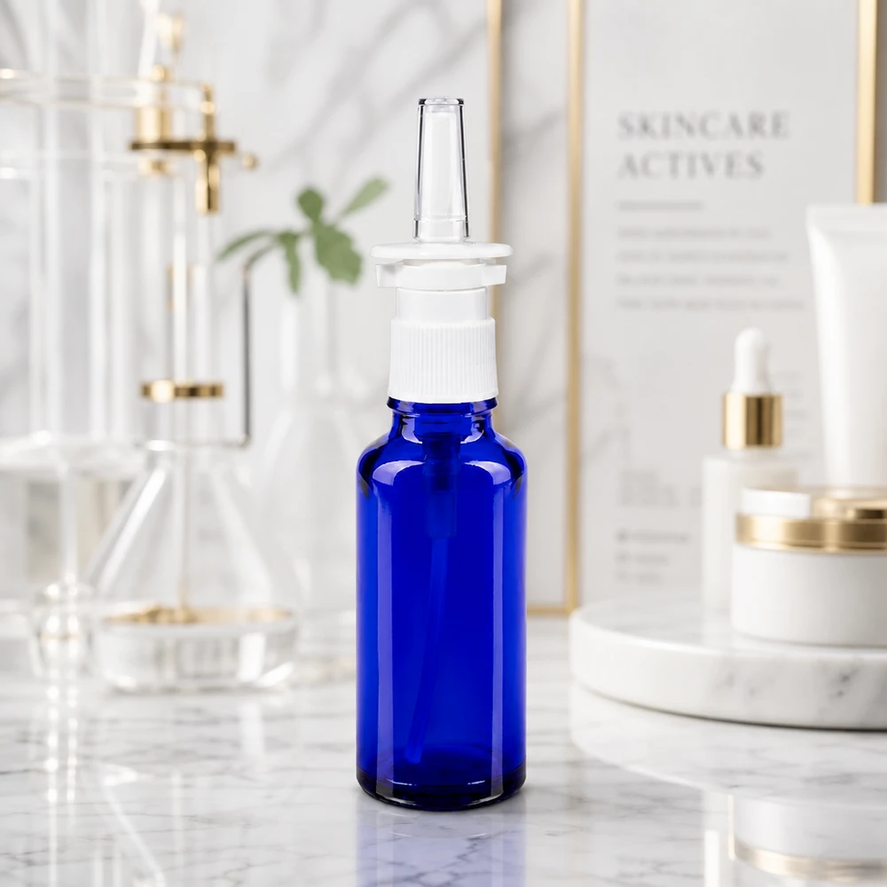 Hochwertige Nasensprayflasche 30ml kobaltblau weißer Pumpkopf klare Applikatorspitze