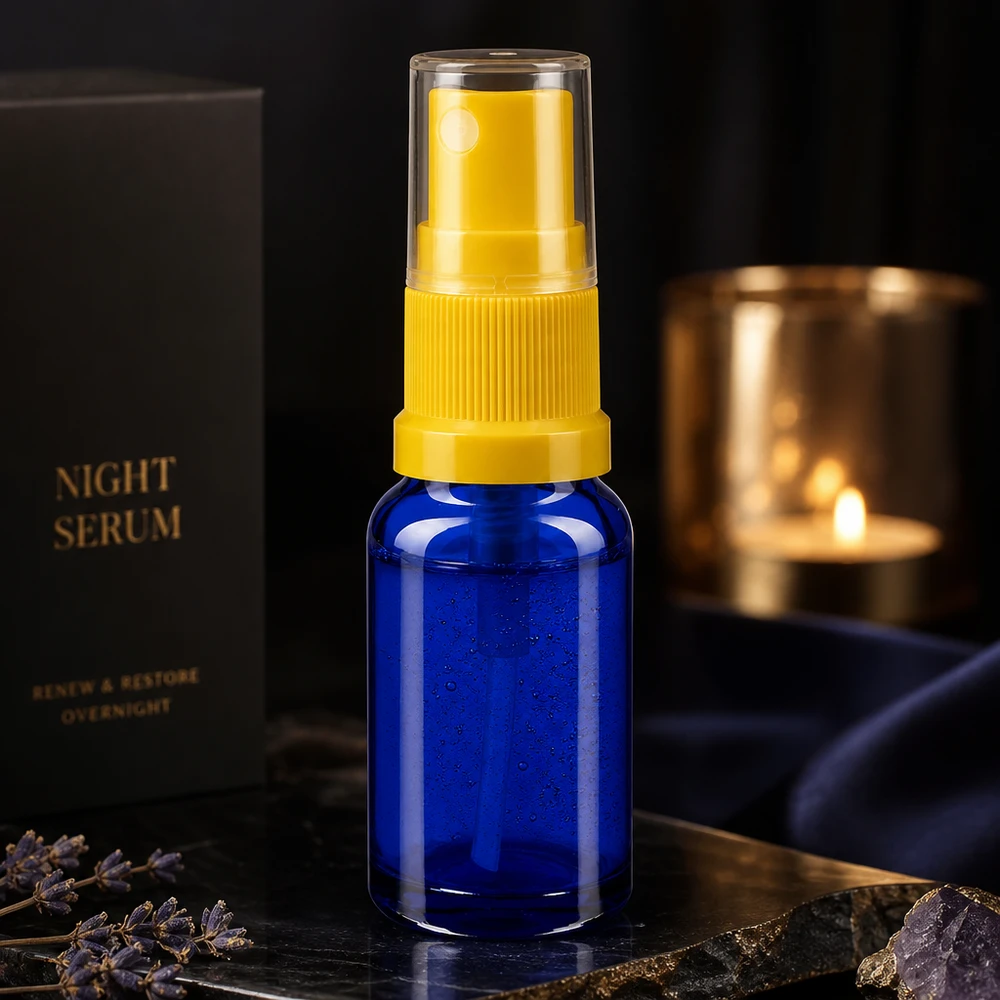 Lékárenská lahvička modrá 10ml s rozprašovačem žlutá Blaue 10ml Pumpflasche aus Apothekerglas für Serum Öle und Kosmetik mit gelbem Sprühkopf