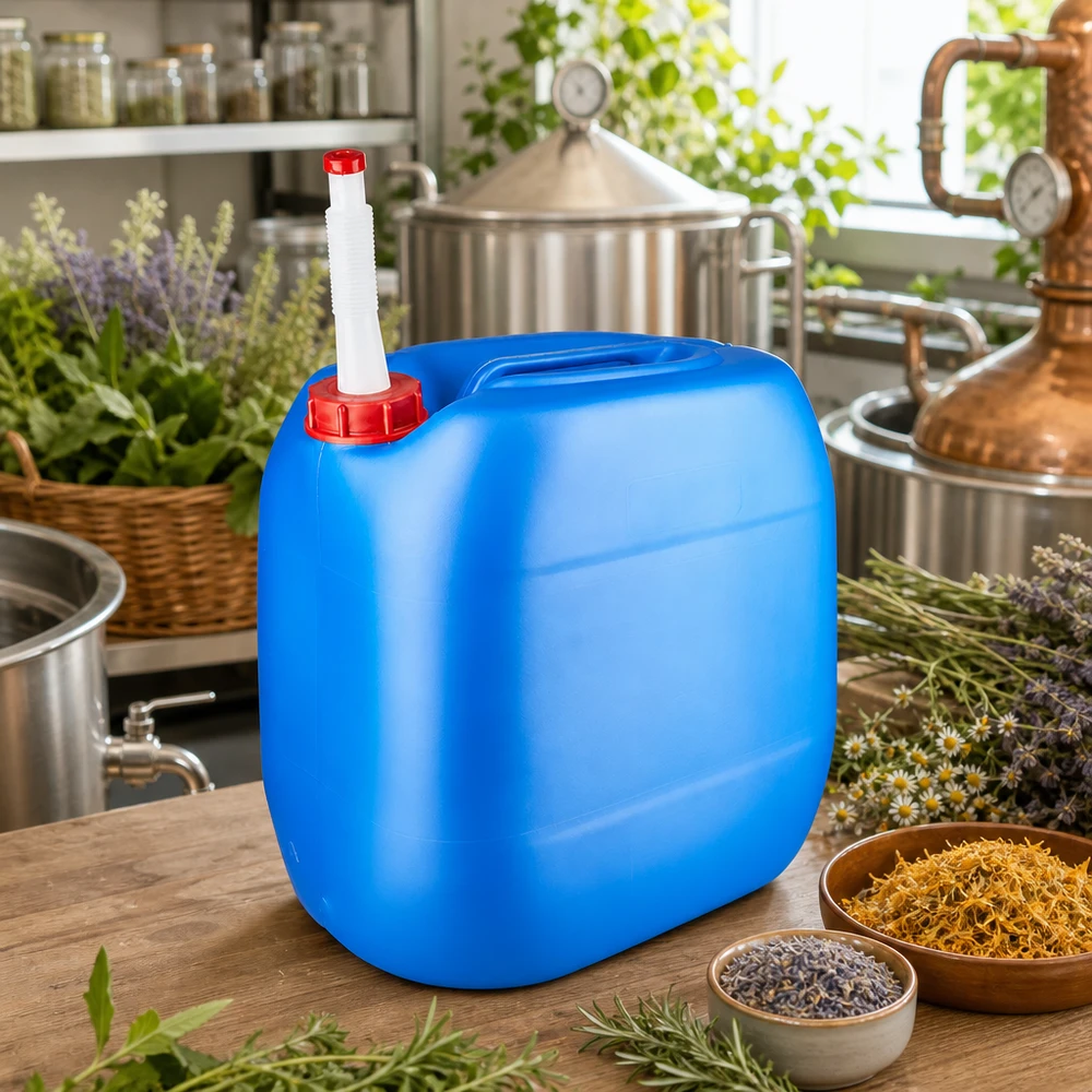 HDPE Kanister 30 Liter blau mit Auslaufrohr zur Lagerung ätherischer Öle und Hydrolate