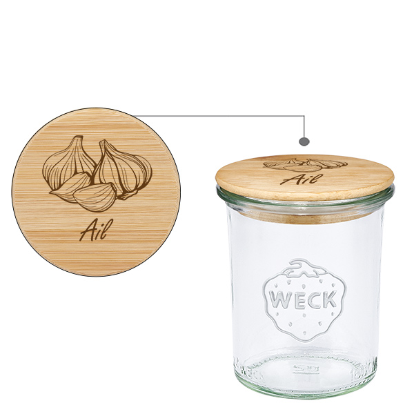 Couvercle en bois "Ail" avec WECK verre plongeant 160ml Couvercle en bois "Ail" avec WECK verre plongeant 160ml