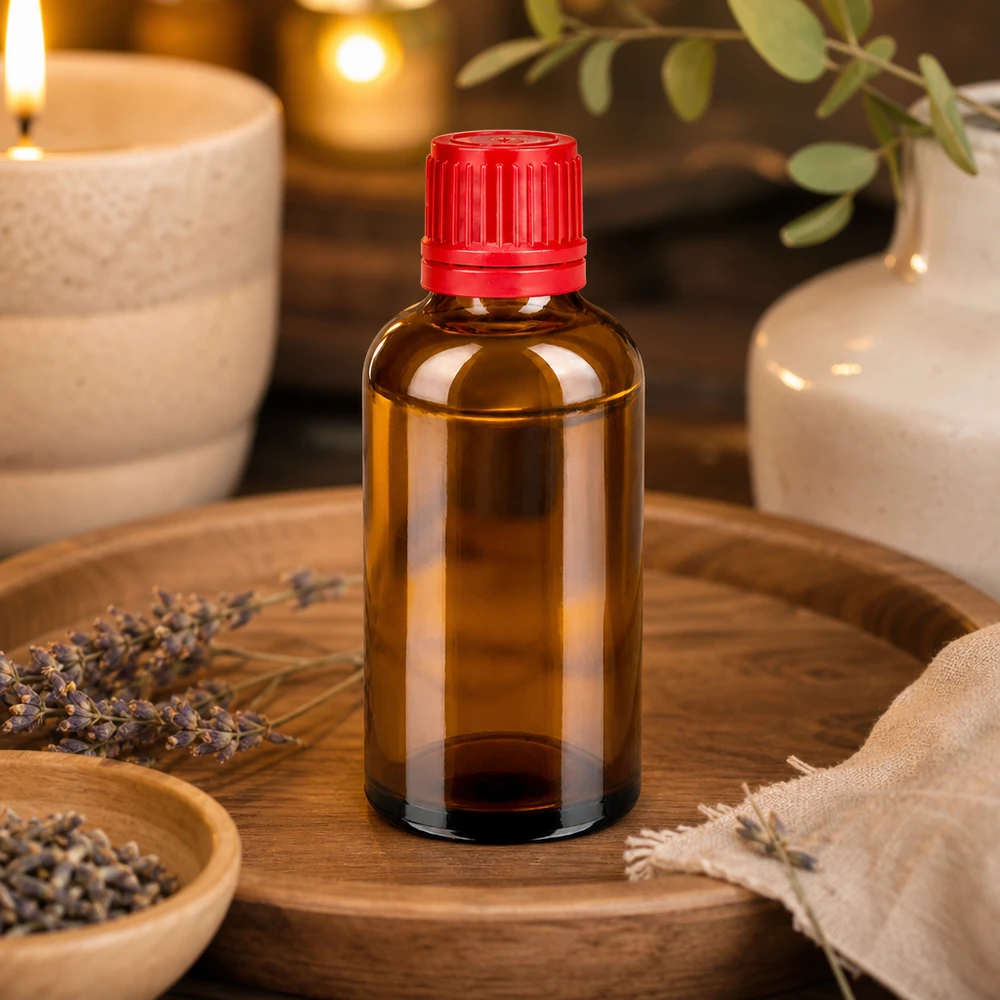 50ml láhev 11mm šroubovací uzávěr červený tamper evidentní uzávěr BrownLine UT18/50 Premium 50ml Braunglasflasche mit dichtem roten Verschlusssystem für pharmazeutische Anwendungen