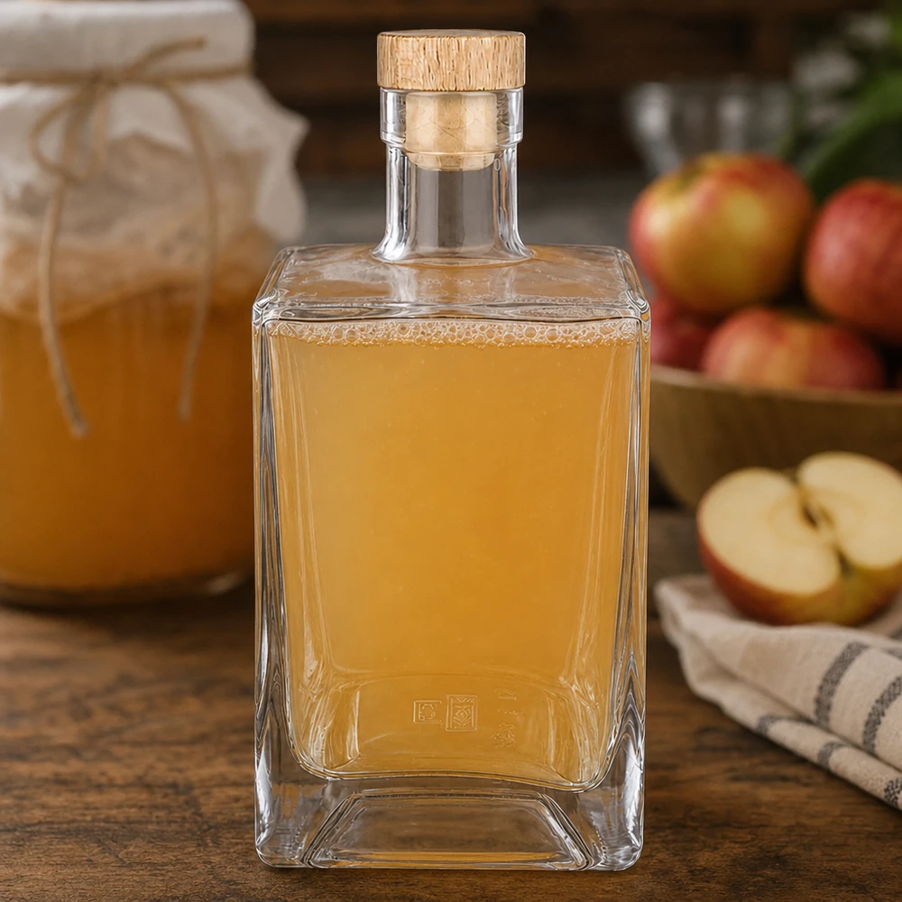 700ml Glasflasche Ben mit Apfelbrand gefüllt neben frischen Äpfeln Küchenszenerie Holzkorken UNiTWIST Obstbrand
