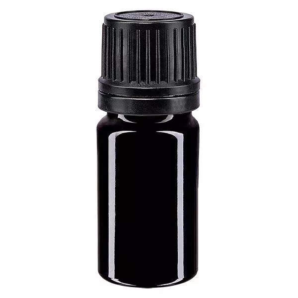 Lékárenská láhev fialová 5ml šroubovací uzávěr černý nalévací kroužek tamper evident uzávěr.