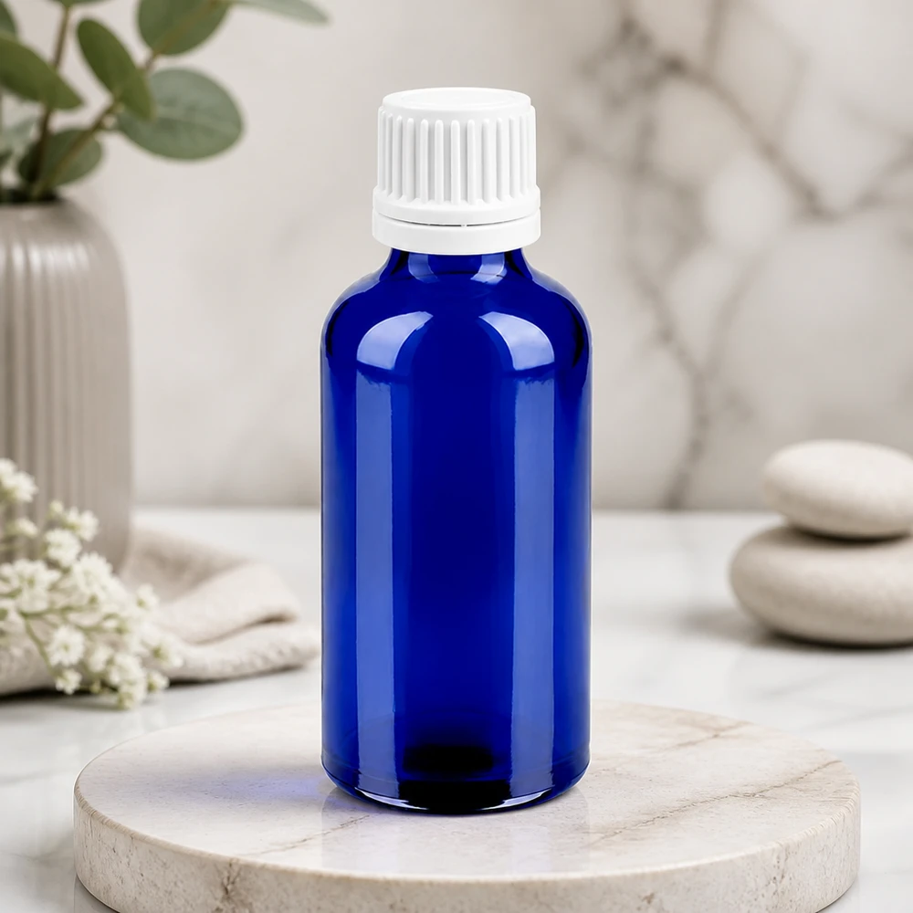 Premium 50ml BlueLine Glasflasche mit kindersicherem weißem Verschluss für Heilpraktiker