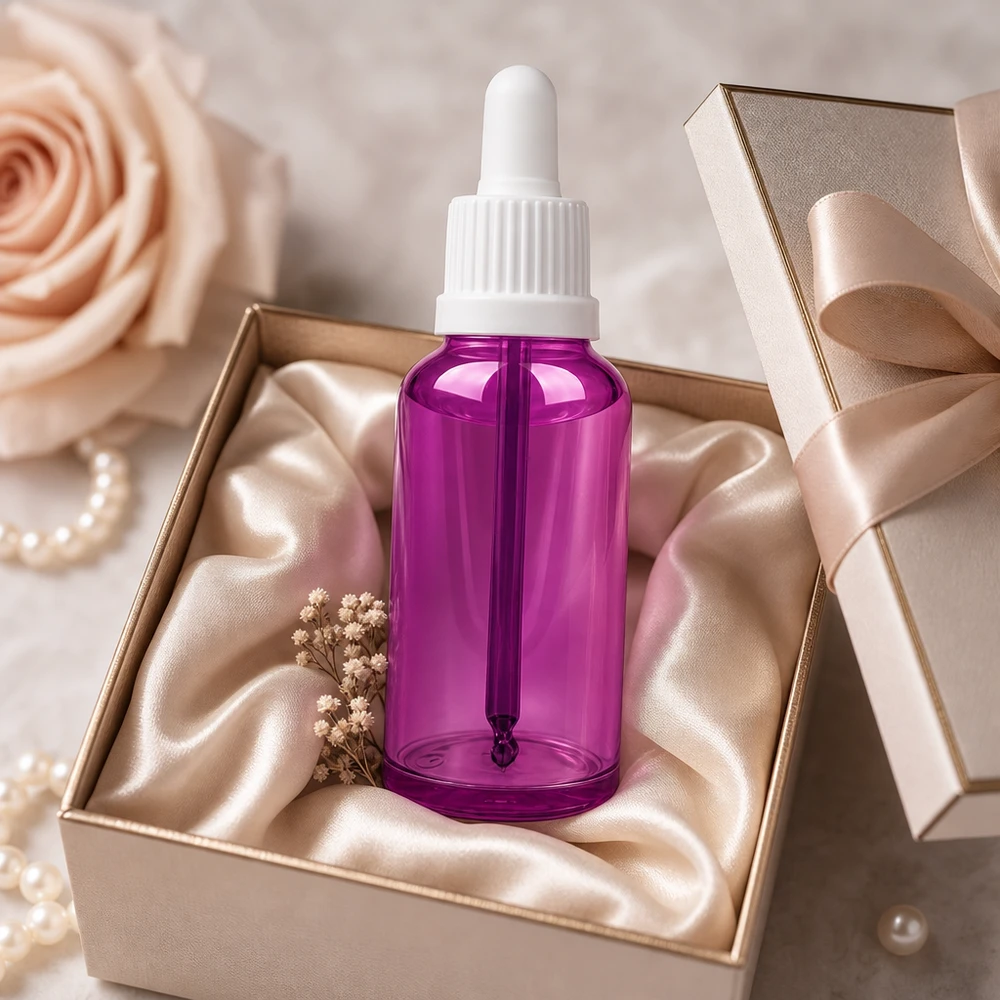 Premium Glasflasche 50ml in lila für hochwertige Kosmetikverpackung und Produktpräsentation