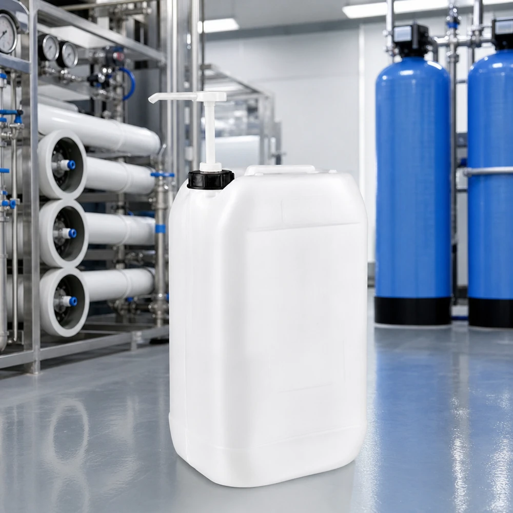 Kanystr 15 litrů s dávkovacím čerpadlem Kompakter rechteckiger 15 Liter Kunststoffkanister mit Pumpenaufsatz für Industriechemikalien