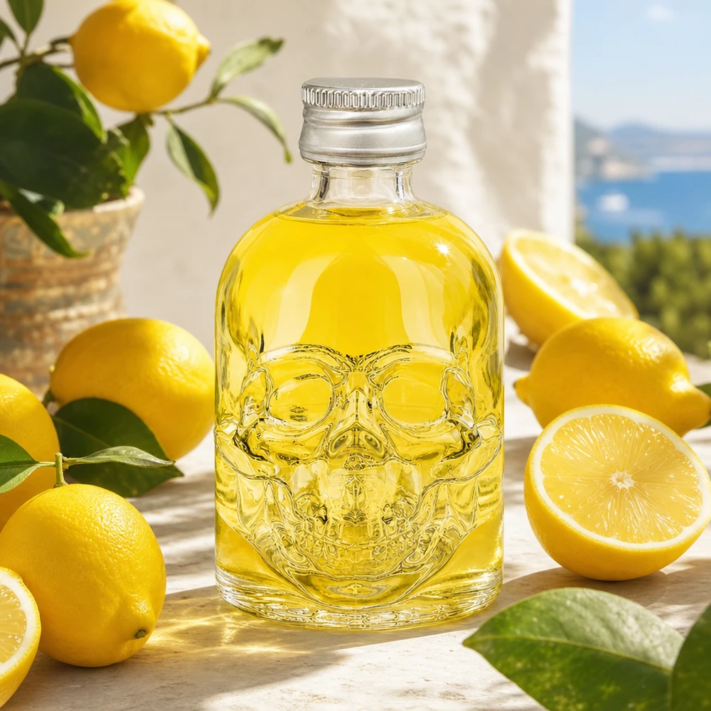 50ml Glasflasche Hector mit Totenkopf-Design befüllt mit gelber Flüssigkeit zwischen Zitronen als Lifestyle-Aufnahme