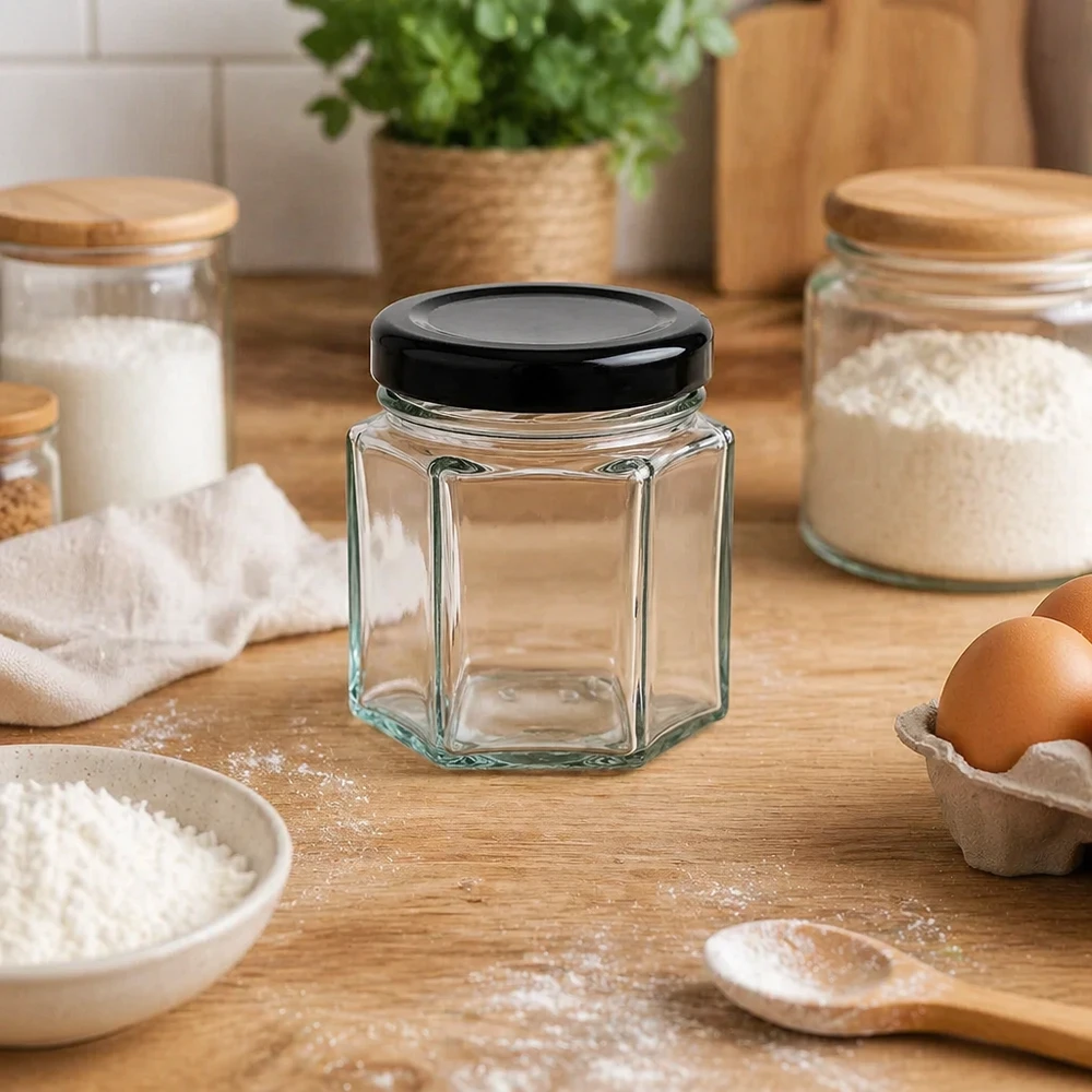 47ml šestihranná sklenice s víčkem BasicSeal černá UNiTWIST. 47ml Hexaglas mit schwarzem Deckel in Backküche zwischen Mehl, Eiern und Vorratsgläsern auf Holzarbeitsfläche