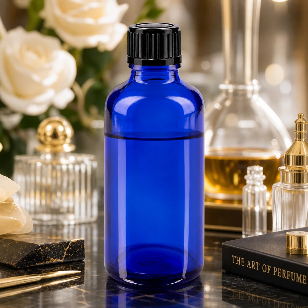 Dunkelblaue Glasflasche 50ml mit schwarzem Verschluss auf glänzender Marmoroberfläche
