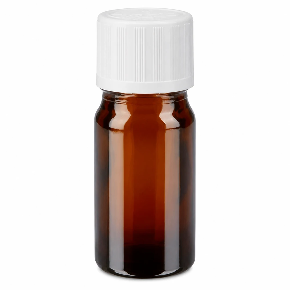 Lékárenská láhev hnědá 5ml kapátko uzávěr bílý standardní odolný proti otevření dětmi. Braune Glasflasche 5ml mit weißem KiSi-Deckel und 1,2mm Tropföffnung für Pharmaanwendungen