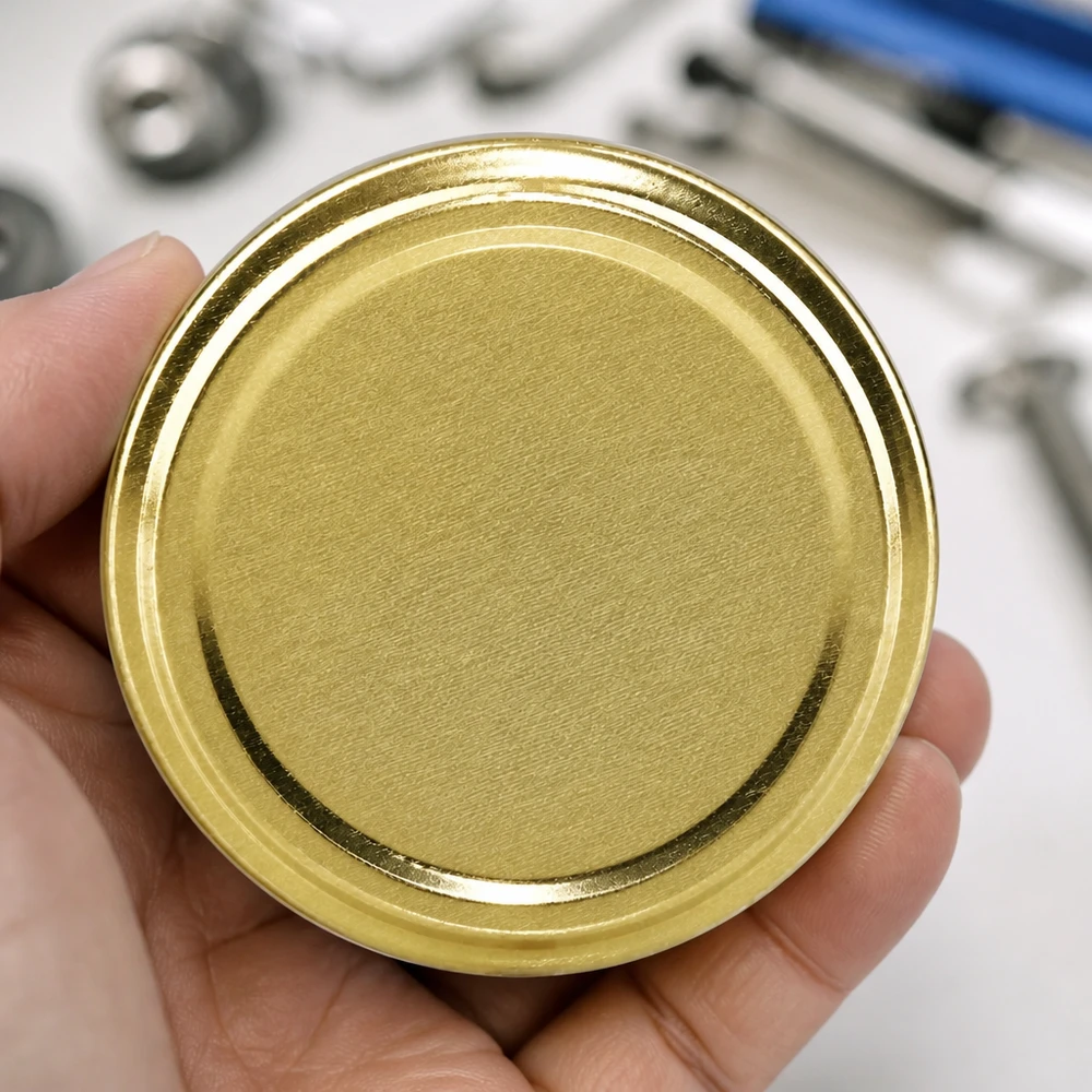 82mm víko BasicSeal zlaté (TO82) UNiTWIST 82 mm TO82 UniTwist BasicSeal víčko zlaté barvy v otevřené dlani s nástrojem v pozadí