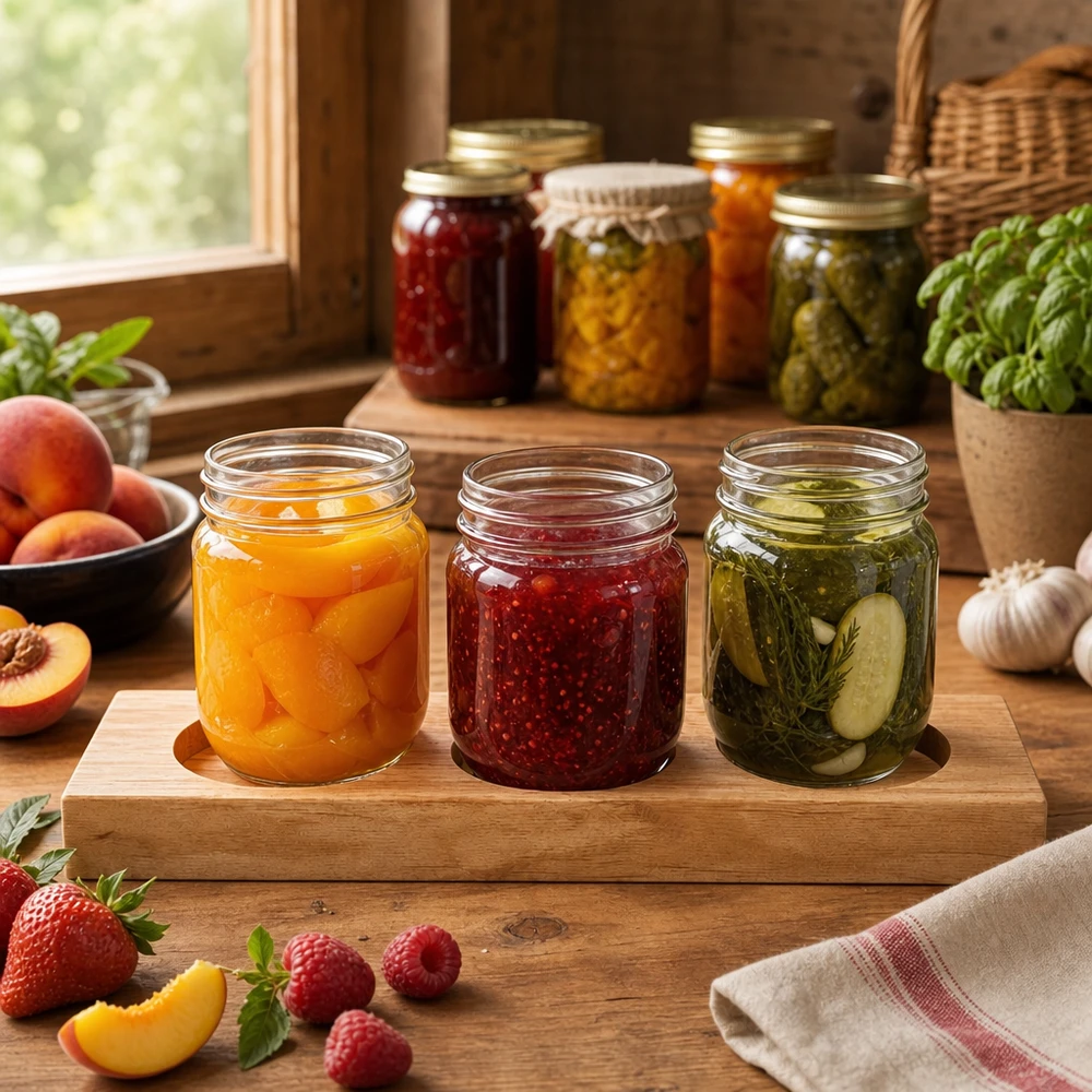Servierbrett Plano3 Bambus mit drei gefüllten WECK Gläsern - Marmelade, Pickles und Pfirsiche in rustikaler Küche