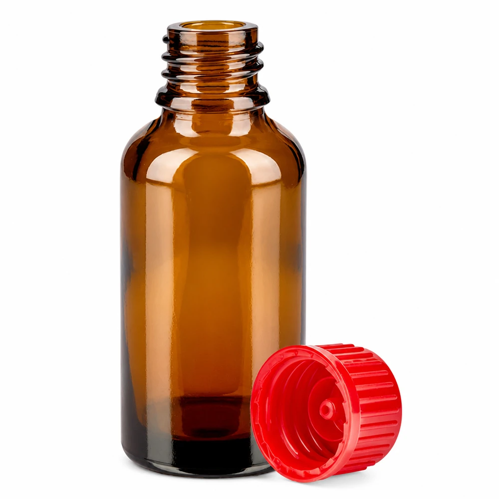 30ml láhev 11mm šroubovací uzávěr červená Standard BrownLine UT18/30 30ml Medizinflasche aus bernsteinfarbenem Glas mit sicherem roten Schraubverschluss