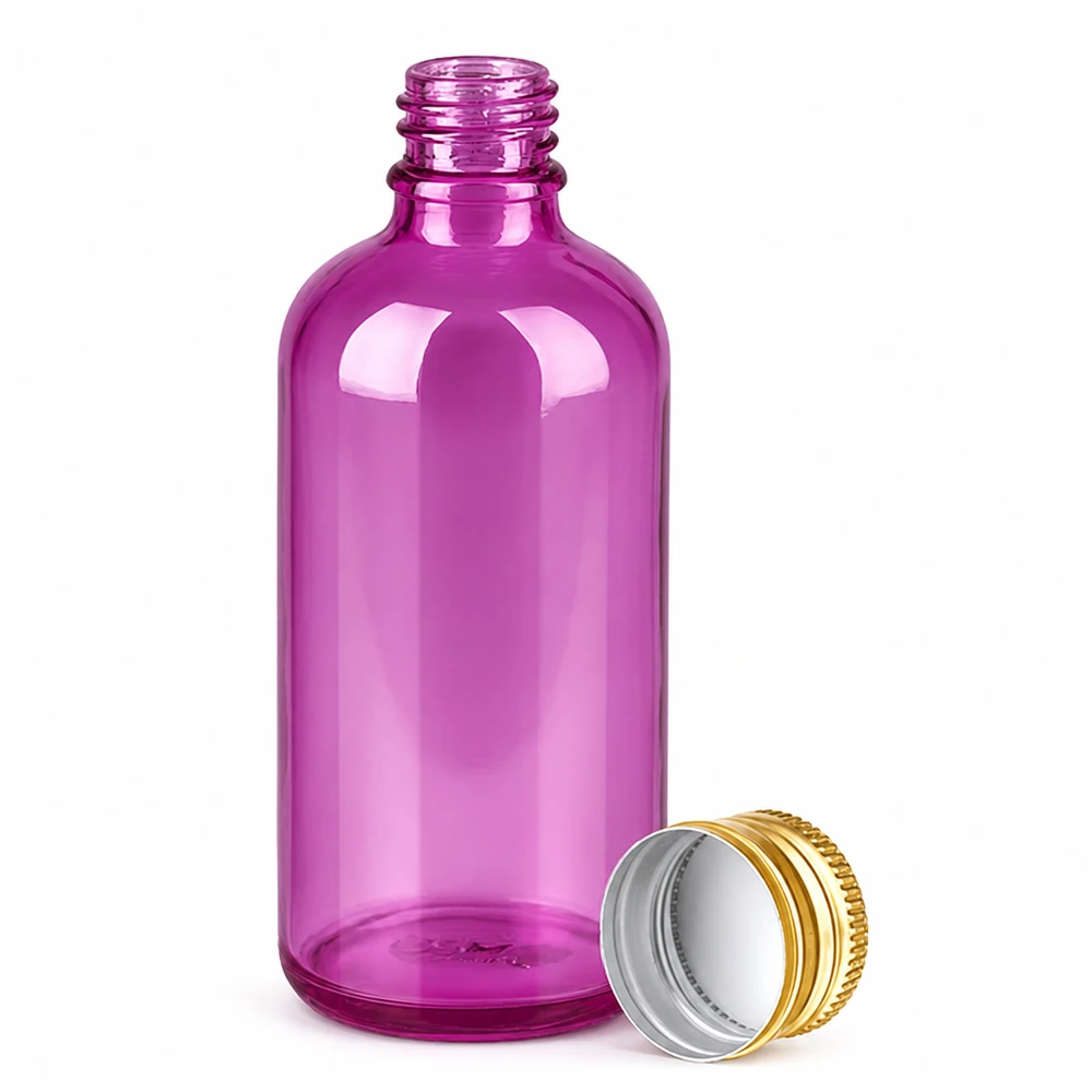 PurpleLine 100ml lahvička 11mm šroubovací uzávěr hliníkový zlatý standard. UT18/100 100ml Violettglas mit zweifarbigem Alu-Verschluss ideal für lichtempfindliche Substanzen